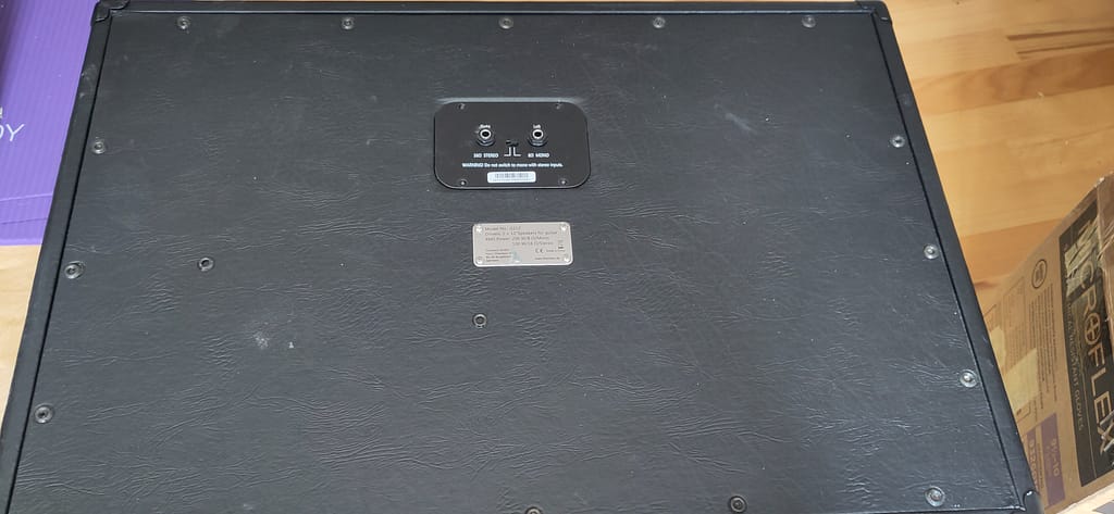 Die Anschlussplatte ist bereits wieder lose in die Harley Benton G212 eingesetzt oder die Schrauben wurden schon zur Demontage entfernt