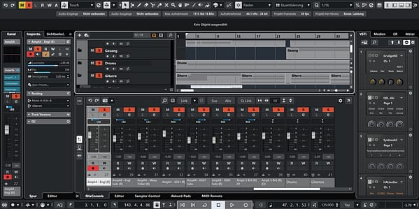 Projekt in Cubase 13 Pro mit 52 Spuren und Mix Console